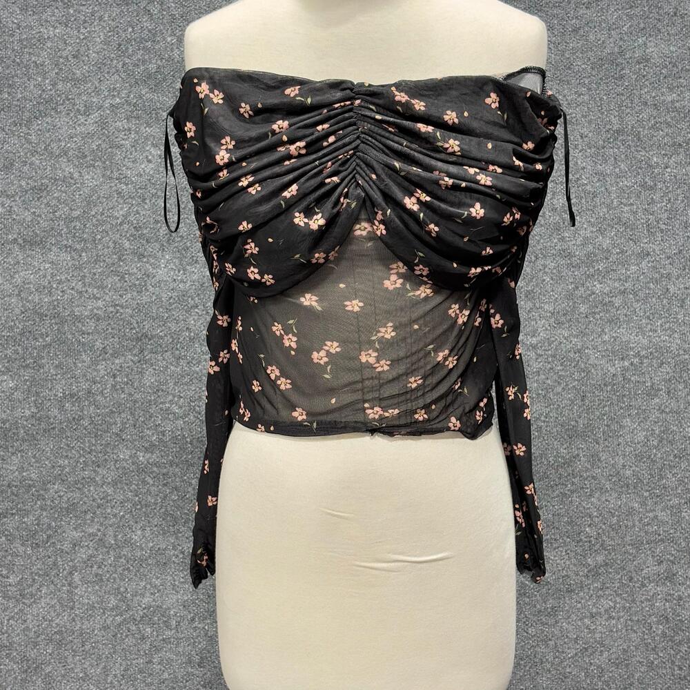 AFRM Blouse Womens M Black Floral Off Shoulder Ruched Sheer Mesh Cropped Top